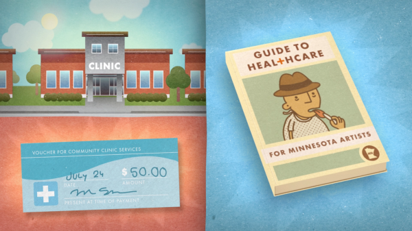 Illustrations of Springboard's Healthcare Guide, a healthcare voucher and the outside of a medical clinic