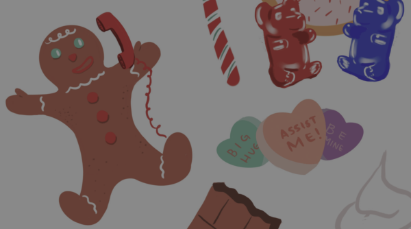 Gingerbread person and candy illustrations including in Springboard's Guide to Health Insurance