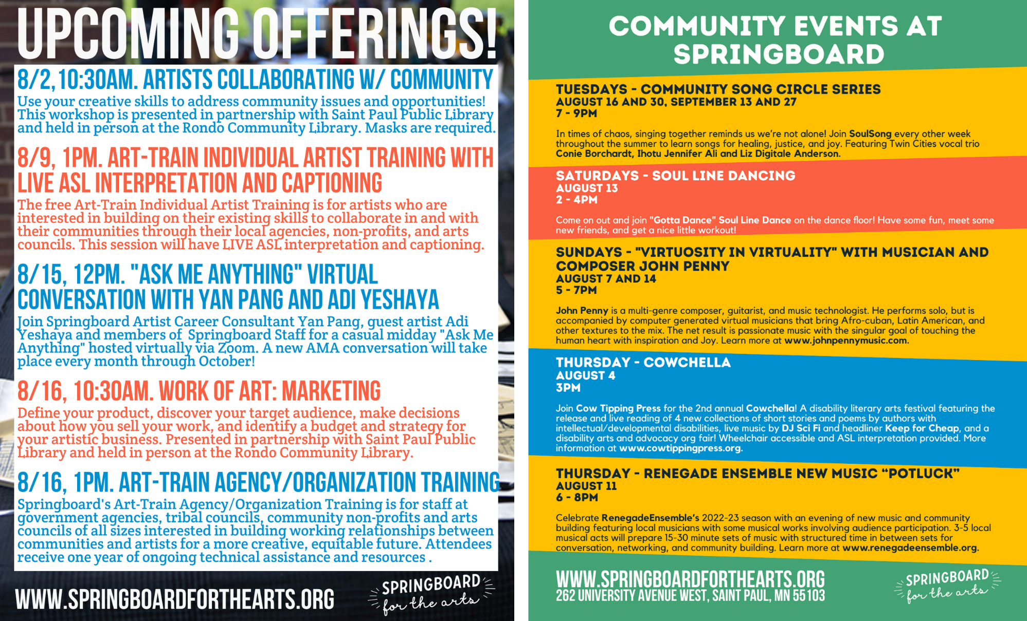Springboard for the Arts Offerings and Events in August