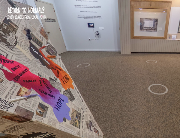 Screen shot image of a virtual tour of the exhibit, showing artwork in the background and circles to click on to view artwork up close.