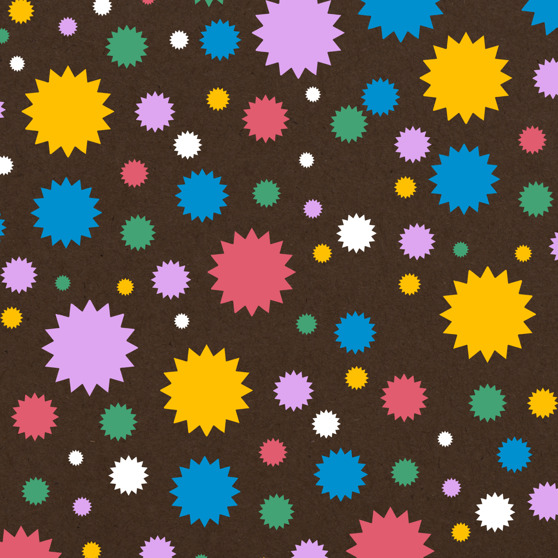 an image with a brown background filled with colorful red, green, blue, yellow, and white starburst shapes of varying sizes.