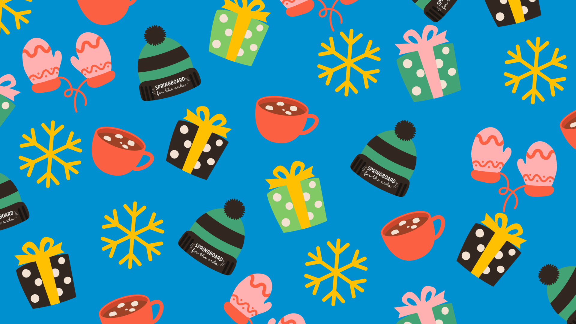 A colorful graphic featuring illustrated presents, mittens, hot chocolate, and beanies representing Last Minute Gifts holiday market, presented by Springboard for the Arts